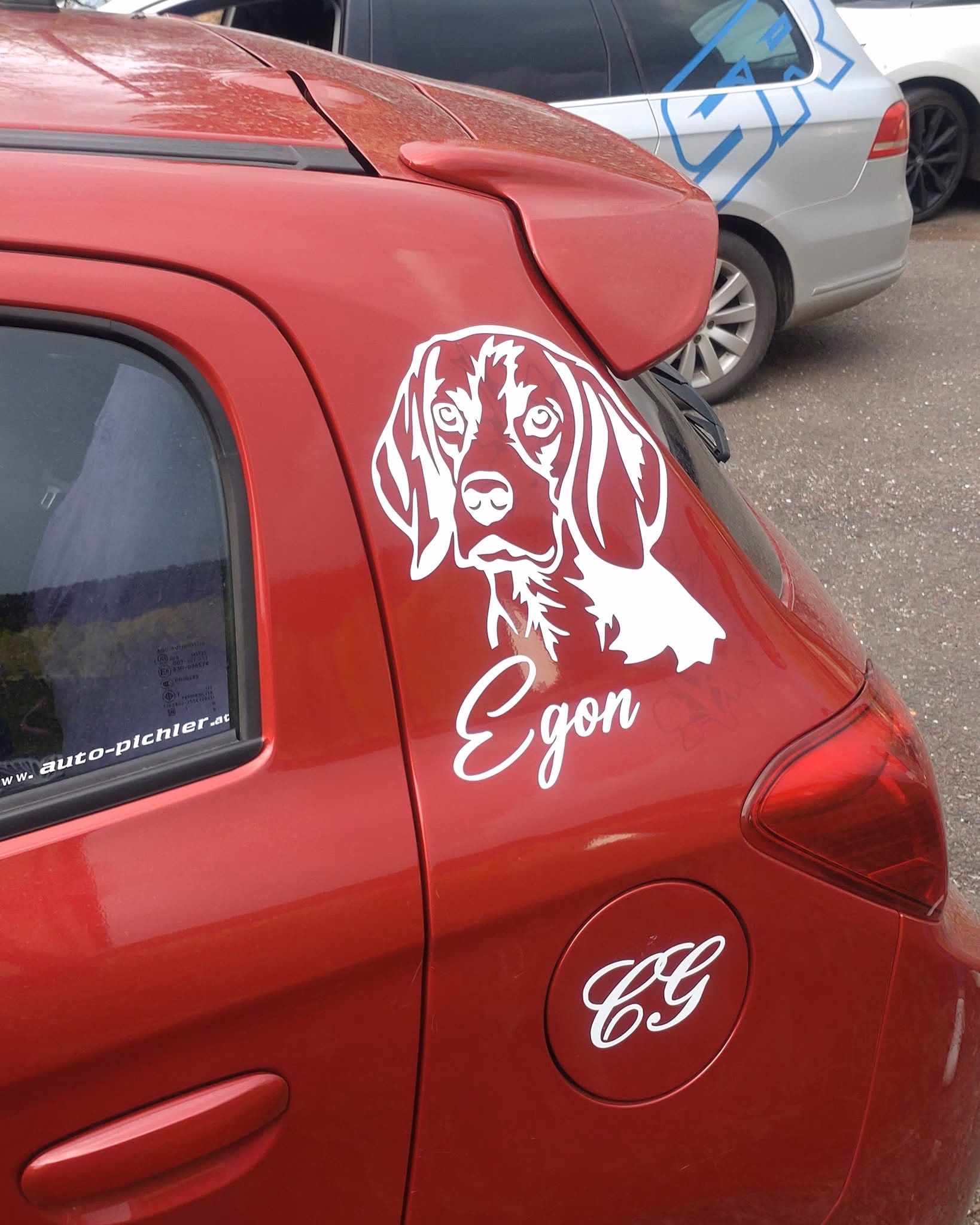 Egon – Hundemotiv auf rotem Kleinwagen